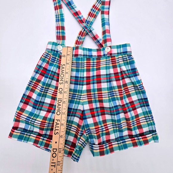 Vintage Plaid Suspender Shorts Kids 2T Multi Color Madras Cotton Made in USA - Picture 4 of 5
